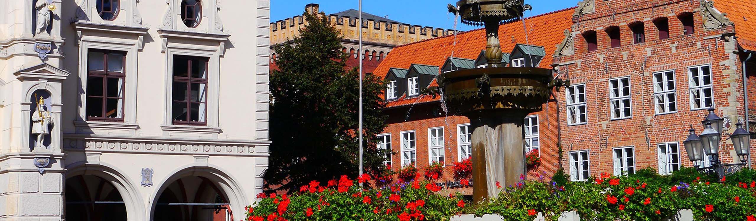 Brunnen auf dem Lüneburger Marktplatz mit roten Blumen, im Hintergrund das Rathaus und historische Gebäude