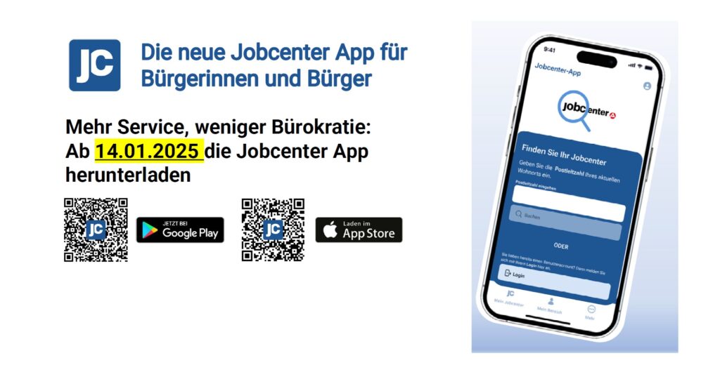 Die neue Jobcenter App herunterladen QR Codes für Google Play und App Store